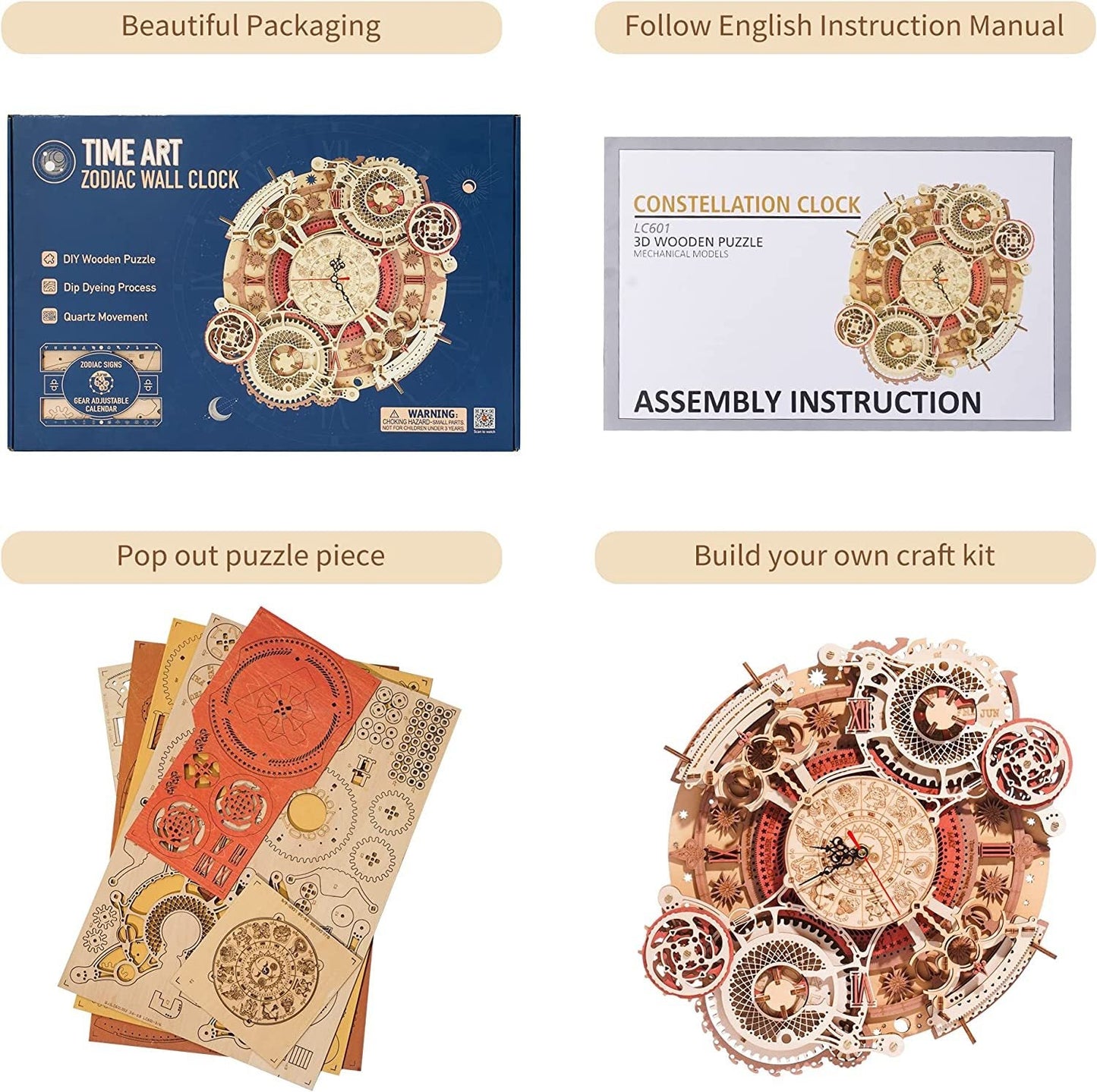 Robotime ROKR Time Art Zodiac Wall Clock 3D Wooden Puzzle Games Model Building Kits Toys For Children Kids - Toys & Games image 9