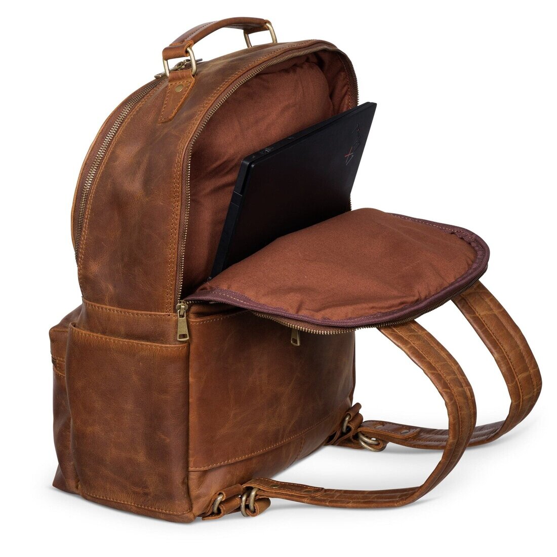 Leather Backpack Rucksack - Saddle Brown - Gadgets image 9