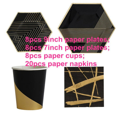 Metallic Gold & Black Paper Party Cups Plates Napkins - Kitchen & Dining image 2