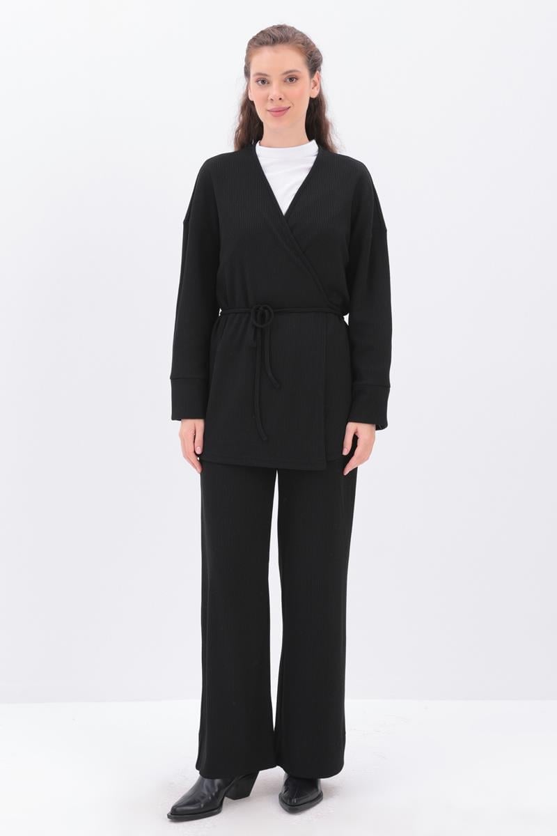 Knitted Wrap-Style Wide-Leg Set | Black - Apparel image 3