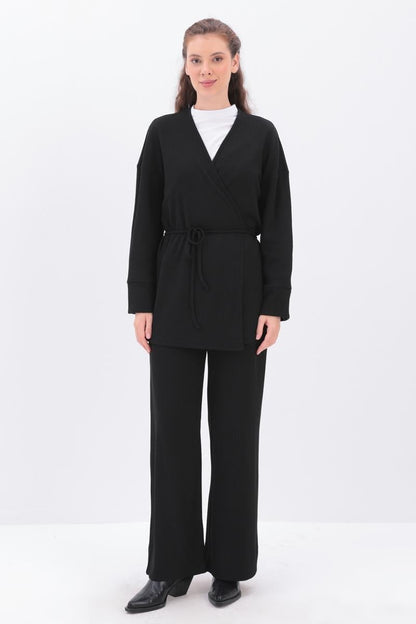 Knitted Wrap-Style Wide-Leg Set | Black - Apparel image 3